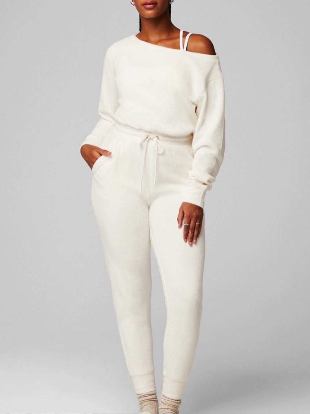 Fabletics Cozy Cord Off Shoulder Onesie Cream Lounge Jumpsuit Medium